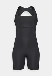 Crna bezrukavna jednoobrazna biciklistička odijela s racerback dizajnom i hlačama do koljena namijenjena za sportske aktivnosti.