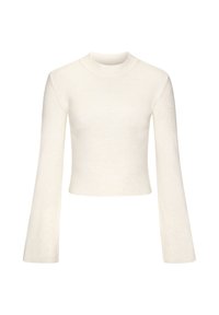 Kremo spalvos trumpas megztinis iš minkštos medžiagos, su ilgomis išplatėjusiomis rankovėmis ir aukštu apvaliu kaklu. Lygus paviršius, minimalus dizainas.