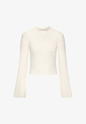 Cream-colored cropped sweater made of soft fabric, featuring long flared sleeves and a high round neckline. Smooth texture, minimal design.