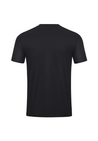 T-shirt noir à manches courtes avec un col rond ; texture lisse, coupe regular, et sans motifs ni accents visibles au dos.
