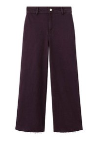 Siroke jeans hlače vijolične barve z globokim pasom, z visokim pasom, obliko s petimi žepi in nerazrezanim robom. Imajo kovinski gumb kot zapiralo.