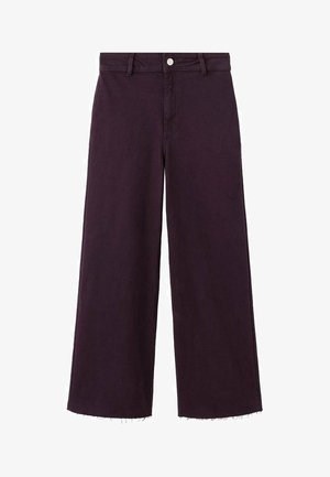 Pantalon en jean à jambes larges de couleur violet profond, taille haute, design à cinq poches, avec ourlets bruts. Fermeture par bouton en métal.