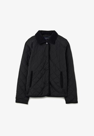 Black quilted jacket featuring a corduroy collar, two side pockets, and a rounded hem. Soft fabric with diamond pattern stitching.