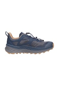 Trailrunning-Schuh in Dunkelblau, mit einem atmungsaktiven Mesh-Obermaterial, einer gepolsterten Zwischensohle und einer robusten Gummisohle mit tiefen Profilen.
