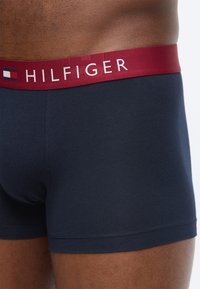 Άνδρας που φοράει μπλε ναυτικό μπόξερ με μπορντό ζώνη μέσης που φέρει το λογότυπο Tommy Hilfiger και το έμβλημα της σημαίας.