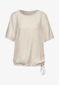 Beige short-sleeve blouse made of smooth fabric with a round neckline and a drawstring detail at the hem for adjustable fit.