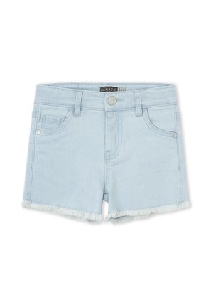 Pantalones cortos de mezclilla azul claro con dobladillos deshilachados, botón frontal, cremallera, trabillas para cinturón y diseño de cinco bolsillos.