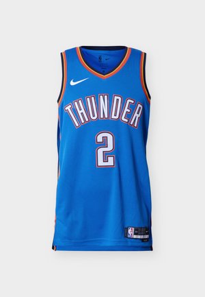 Modra košarkarska majica Oklahoma City Thunder z številko 2, logotipom Nike in MLB oznakami, oranžni in črni robovi na ovratniku in rokavih.