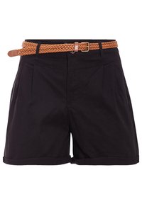 Shorts en coton noir avec une ceinture en cuir tressé couleur tan, un devant plissé et des détails de ourlet replié.