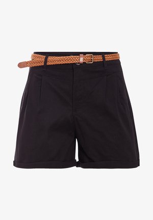 Schwarze Baumwollsorts mit einem geflochtenen, beige Leder-Gürtel, plissee-vorderem Design und umgeschlagenem Saum-Detail.