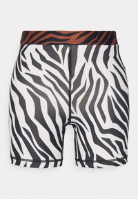 Szorty w nadruk zebry w czarno-białym wzorze, z brązowym pasem w paski. Wykonane z gładkiego, elastycznego materiału.