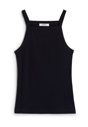 Svart ribbet tank topp med smale skulderstropper, med en scoop halsutskjæring og rett kant. Merke står "IVY OAK."