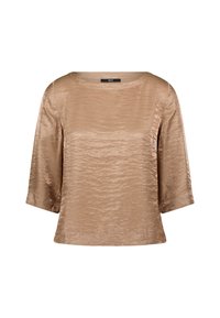 Bronzefarbener, leicht strukturierter Oberteil mit einem Bootsausschnitt, Dreiviertelärmeln und einer lockeren Passform. Glattes Material mit dezentem Glanz.