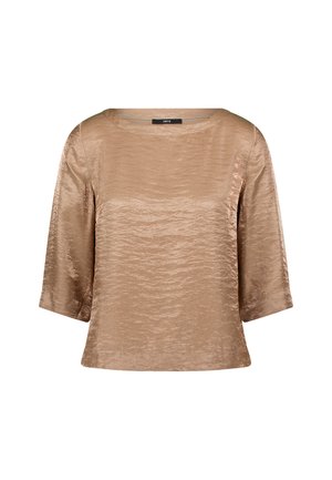 Bronzen, licht gestructureerde top met een bootneck, driekwart mouwen en een ontspannen pasvorm. Glad stof met een subtiele glans.