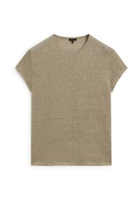 Khaki t-shirt z krótkim rękawem z miękkiego, lekkiego materiału o okrągłym dekolcie i subtelnej teksturze. Prosty, nieozdobiony design.