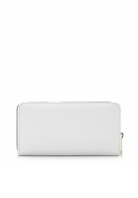 White leather wallet with a smooth texture, zip closure, contrasting black stitching along edges, and a compact rectangular shape.