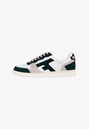 White sports sneakers with green suede accents, grey suede panel, and black logo detail. Features a textured upper and a rubber sole.