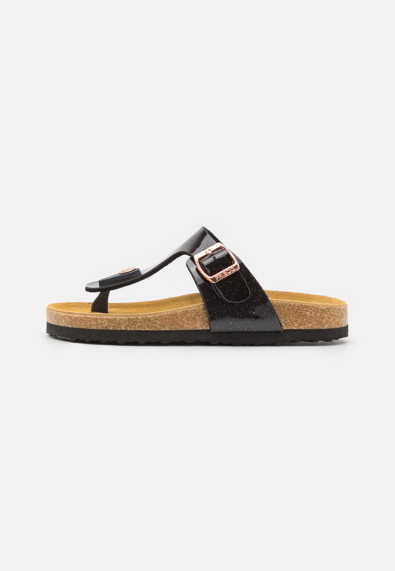 Musta patentoitu flip-flop sandaali, jossa on korkkivälipohja, ruusukultainen solkiyksityiskohta ja kuvioitu kumipohja.