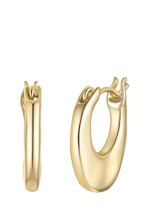 Blanke gyldne tykke hoop-øreringe med en glat, let buet overflade og hængslet lås, vist mod hvid baggrund.
