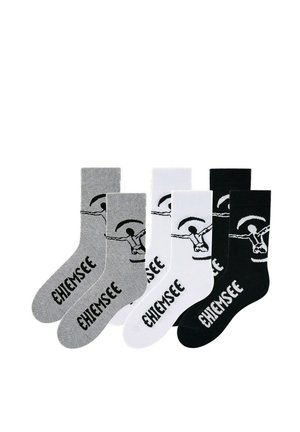 Three pairs of crew socks in gray, white, and black, each featuring a parachuting figure and the word "CHIEMSEE" on the foot.