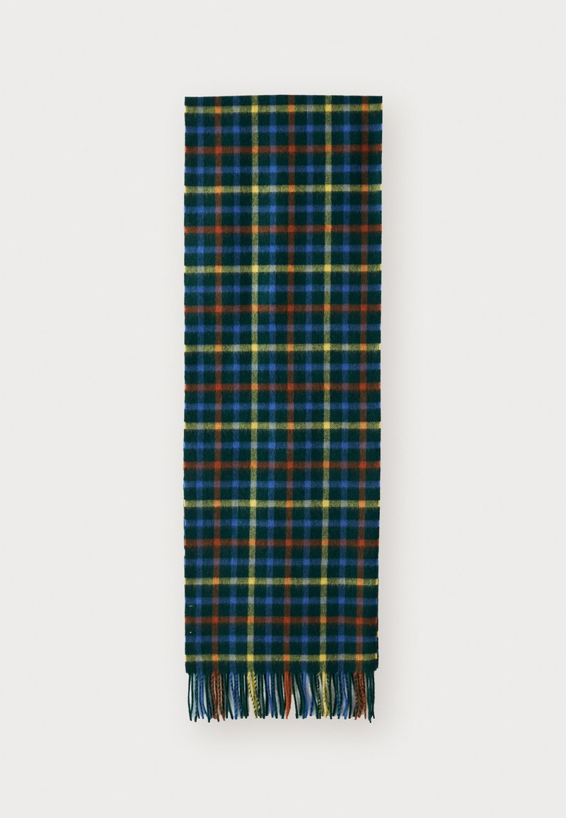 Écharpe en laine avec un motif à carreaux multicolore comprenant des nuances de bleu, vert, jaune et rouge. Finition avec un bord frangé pour ajouter de la texture.