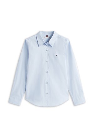 Cămașă albastru deschis cu mânecă lungă, nasturi și guler, cu un mic logo Tommy Hilfiger pe pieptul stâng.