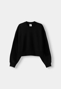 Sudadera corta negra con cuello redondo, hombros caídos y puños acanalados. Fabricada con una tela suave y de textura lisa.