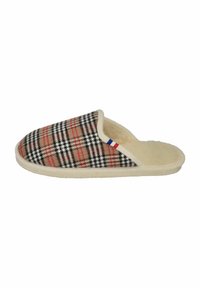 Plaid slipper with a beige, black, and red pattern, soft interior, and white sole. Features a small blue, white, and red stripe accent.