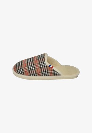Plaid slipper with a beige, black, and red pattern, soft interior, and white sole. Features a small blue, white, and red stripe accent.