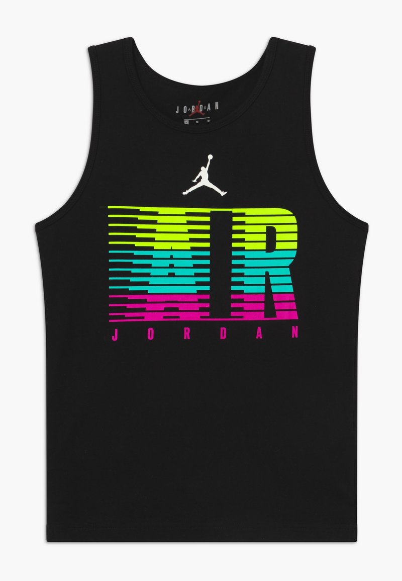 Débardeur noir Jordan sans manches avec grand texte rayé coloré "AIR" et petit lettrage "JORDAN" en dessous, plus logo Jumpman blanc au-dessus.