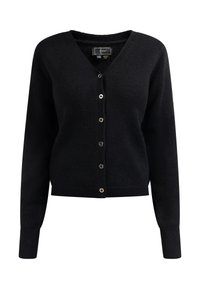 Svart cardigan i mjukt stoff, med V-hals, långa ärmar och knäppning fram med knappar i guldton. Texturerad yta och ribbade manschetter.