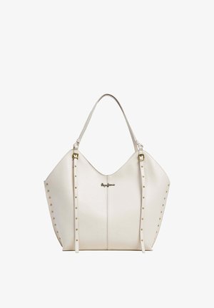 Kreemikas värvi õlakott kuldsete naeltega külgedel, reguleeritavate rihmadega, millel on pandlad, ning väike metallist logo keskel esiküljel.