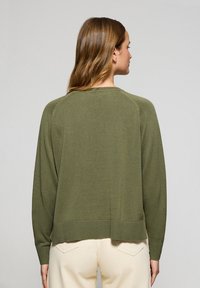 Olivgrön stickad tröja med avslappnad passform, sänkta axlar, ribbad nederkant och ärmslut, visad bakifrån mot en neutral bakgrund.