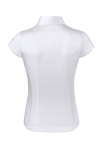 Weiße Kurzarmbluse mit kragen, strukturierten Nähten, glatter Textur und taillierter Silhouette. Schlichtes Design, keine Muster oder Akzente.