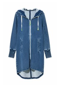 Vestido sudadera largo azul con cremallera, cordones blancos, dos bolsillos frontales, puños acanalados y dobladillo asimétrico.