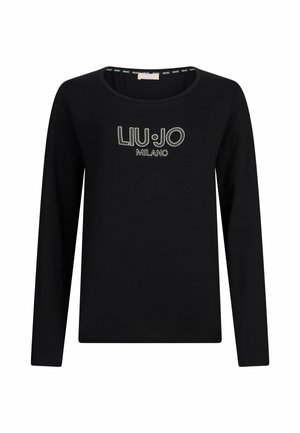 Must tumes pikkade varrukatega, ümmarguse kaelusega, mille esiküljel on valgetest punktidest trükitud "LIU·JO MILANO".
