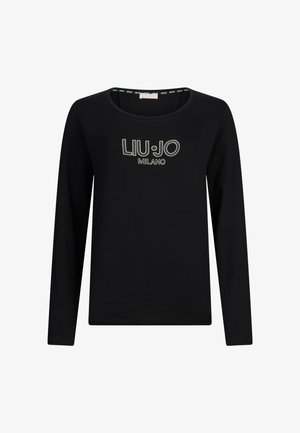 Čierna dlhá rukávová košeľa s okrúhlym výstrihom, so znakom "LIU·JO MILANO" vytlačeným bielymi bodkami v prednej časti.