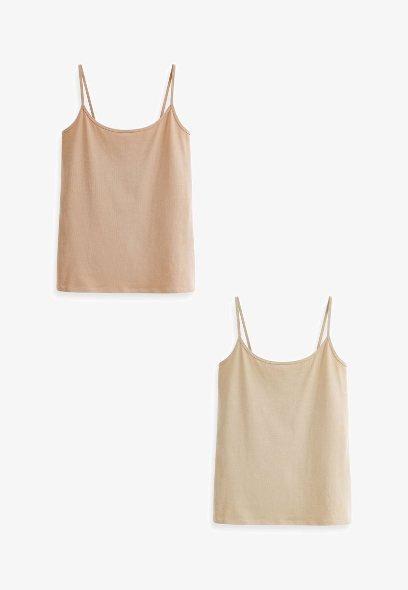 Due top leggeri e senza maniche realizzati in tessuto morbido; uno è color beige chiaro, l'altro è leggermente più scuro, entrambi con spalline regolabili.