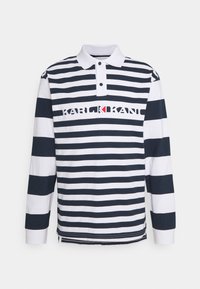 Långärmad polotröja med marinblå och vita horisontella ränder, med krage, knappstängning och broderad text i mitten.