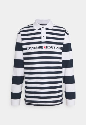 Long-sleeve polo shirt with navy and white horizontal stripes, featuring a collared neck, button closure, and embroidered text in the center.
