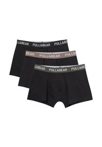 Trei perechi de chiloți din bumbac negru, cu talie elastică, având o combinație de culori pentru text: negru, marron și verde măsliniu.