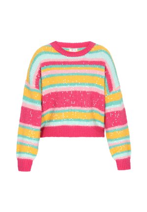 Mehrfarbiges, gekürztes Sweatshirt mit pinken, gelben und türkisfarbenen Streifen; strukturierter Stoff mit Pailletten für zusätzlichen Detail; runder Halsausschnitt, lange Ärmel.
