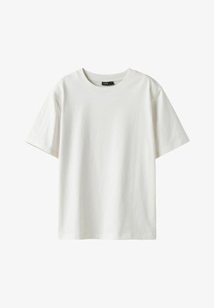 Weißes Baumwoll-T-Shirt mit kurzen Ärmeln, Rundkragen, einfarbig und entspannter Passform. Der Stoff scheint glatt zu sein, ohne Muster oder Verzierungen.