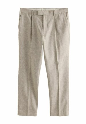 Bézs színű lenkeverék szabott nadrágok elülső pliszékkel, oldalzsebekkel, övbújtatókkal és rejtett elülső cipzáras záródással.
