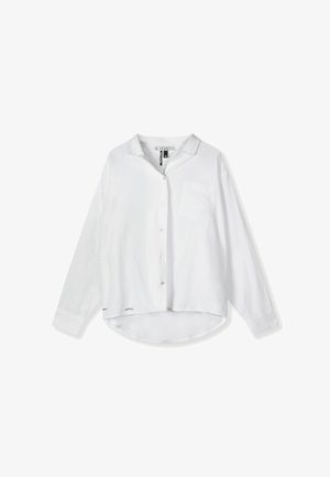Witte lange mouwen shirt met een kraag, knoopsluiting aan de voorkant, één borstzak en afgeronde zoom. Gemaakt van lichtgewicht stof.