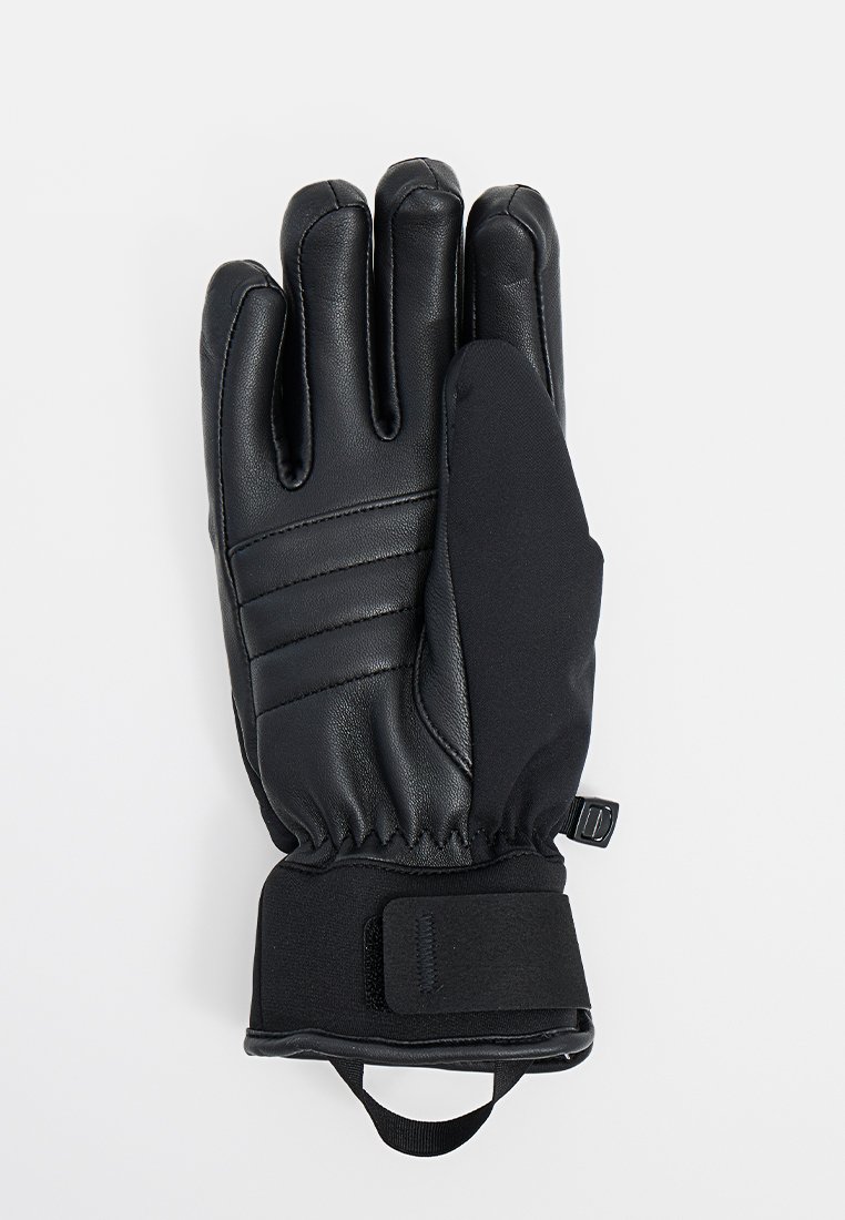 Czarna, ocieplana zimowa rękawica z skórzanym wnętrzem, regulowanym paskiem na nadgarstku i elastycznym mankietem na białym tle.