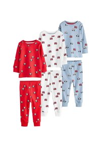 Neljä sarjaa lasten pyjamia punaisena, valkoisena ja sinisenä, joissa on sarjakuvamaalailun ajoneuvomalleja. Valmistettu pehmeästä puuvillakankaasta, pitkähihaisia ja -lahkeisia.