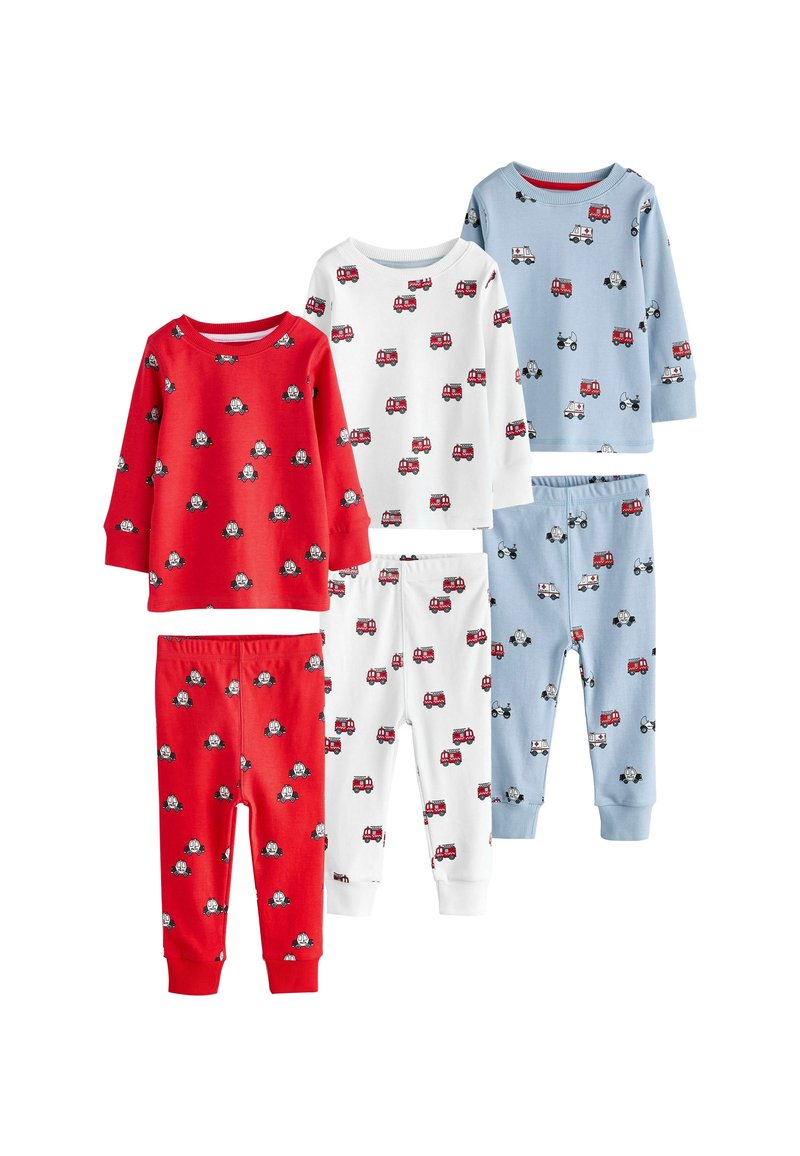 Neljä sarjaa lasten pyjamia punaisena, valkoisena ja sinisenä, joissa on sarjakuvamaalailun ajoneuvomalleja. Valmistettu pehmeästä puuvillakankaasta, pitkähihaisia ja -lahkeisia.