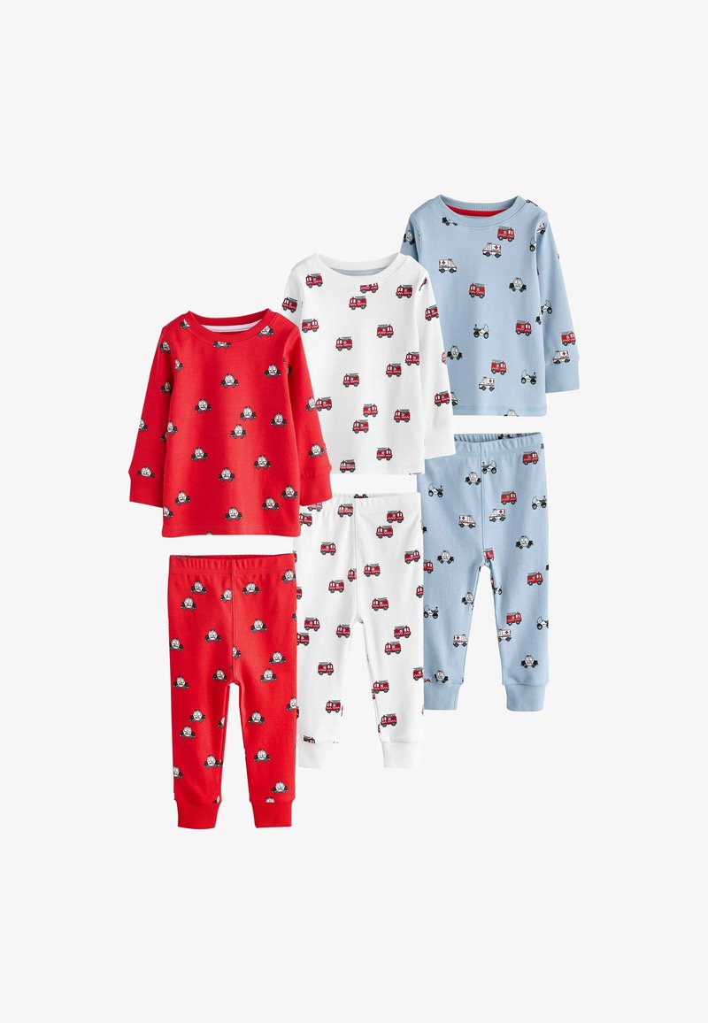 Quatre ensembles de pyjamas pour enfants en rouge, blanc et bleu avec des motifs de véhicules de dessin animé. Fabriqués en tissu de coton doux, avec des manches longues et un pantalon.