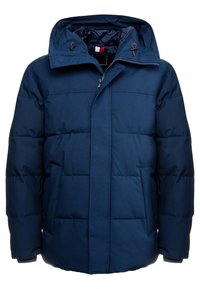 Mørkeblå dunjakke med lynlåslukning foran og hætte; har quiltede sektioner og to forlommer for ekstra funktionalitet.